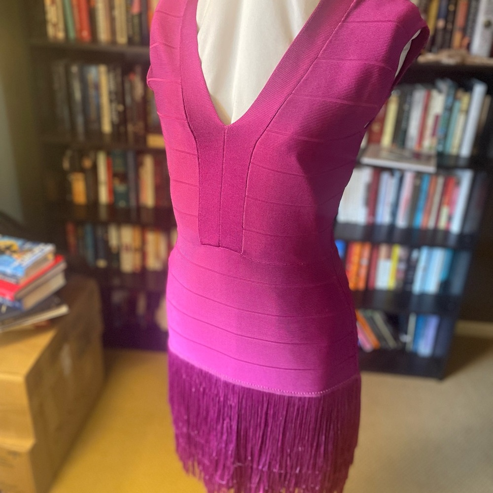 Venus bandage fringe dress in bright fuchsia